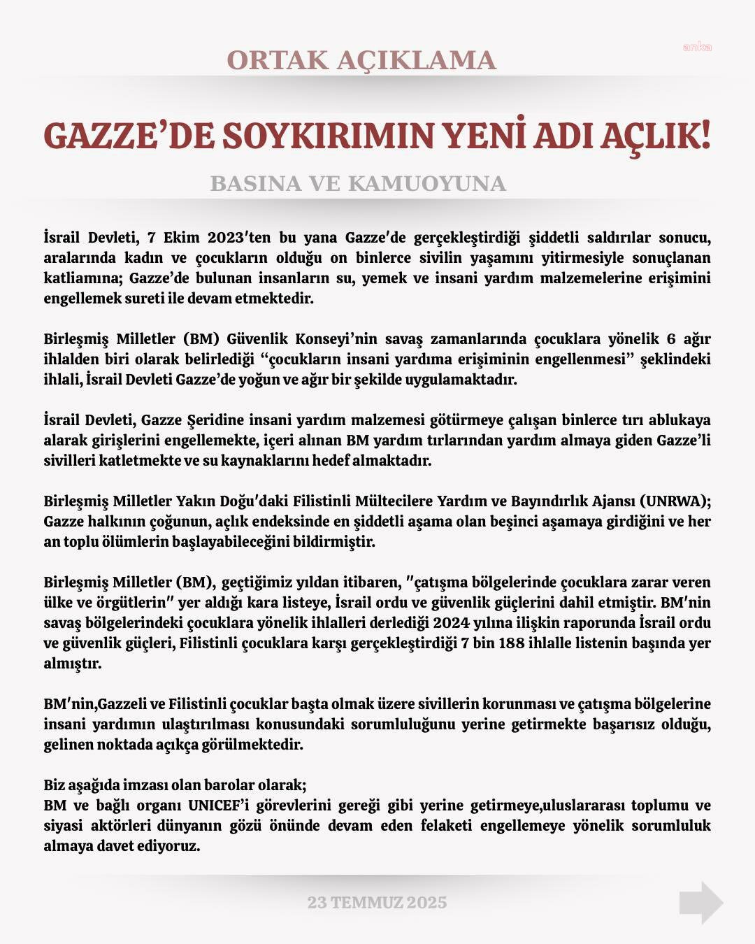 Barolardan Gazze'ye insani yardım ulaştırılması için ortak çağrı