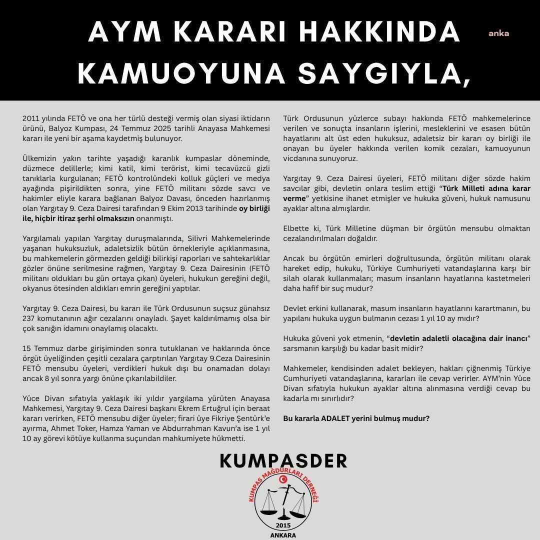 KUMPASDER'den, Balyoz davasını onayan 3 eski Yargıtay üyesine, Yüce Divan’da verilen 1 yıl 10 ay hapis cezasına tepki