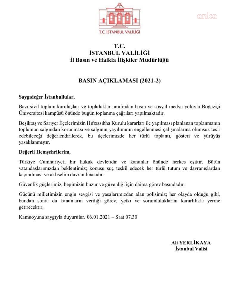 BOĞAZİÇİLİLER TOPLANMA ÇAĞRISI YAPINCA, VALİLİK BEŞİKTAŞ VE SARIYER’DE EYLEMİ YASAKLADI