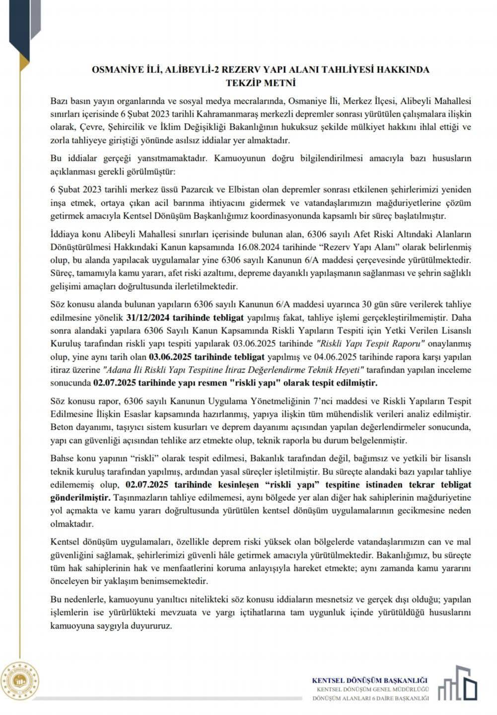 Osmaniye’de rezerv alan iddialarına Bakanlıktan yanıt: "Bakanlığımız kamu yararını önceleyen bir yaklaşım benimsemektedir"