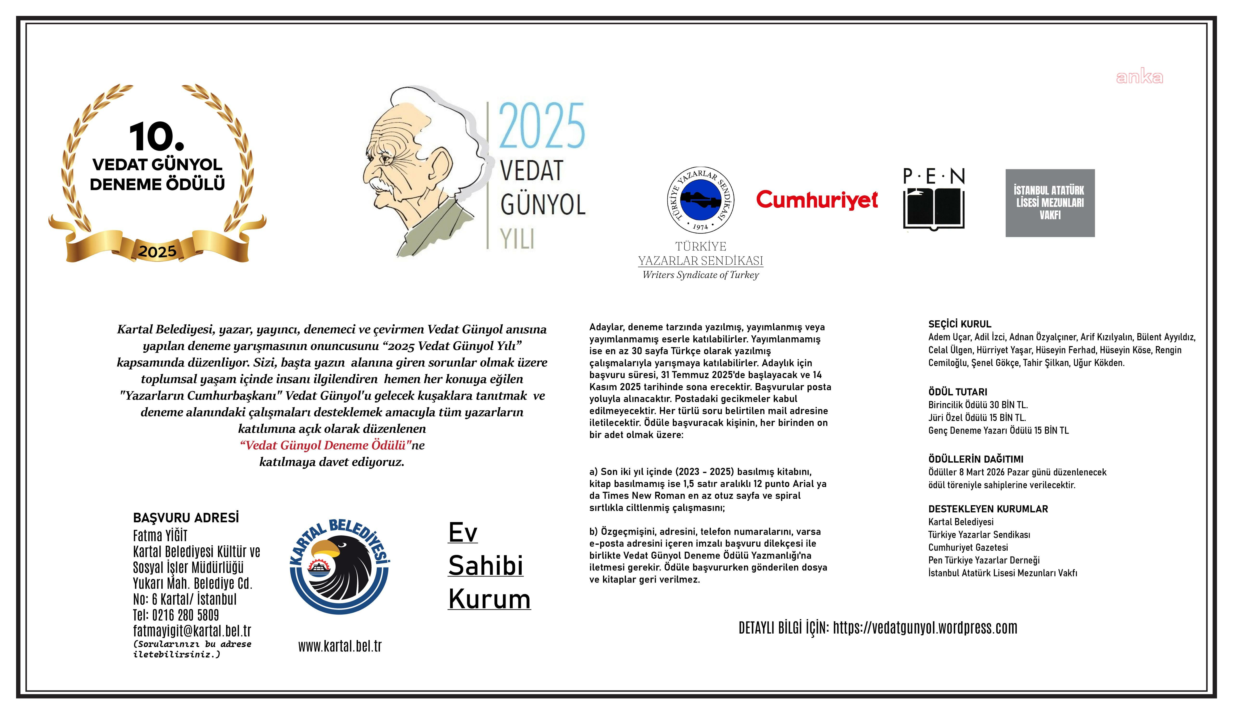 Kartal Belediyesi, “2025 Vedat Günyol Yılı” kapsamında deneme yarışması düzenliyor