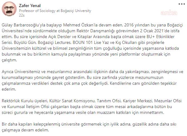 BOĞAZİÇİ ÜNİVERSİTESİ REKTÖR DANIŞMANI İSTİFA ETTİ