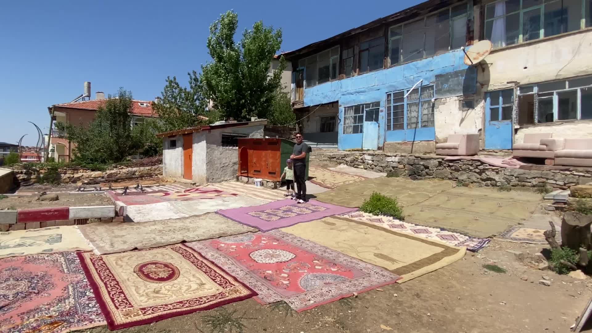 Güvercinleri için evinin bahçesine 40 halı serdi