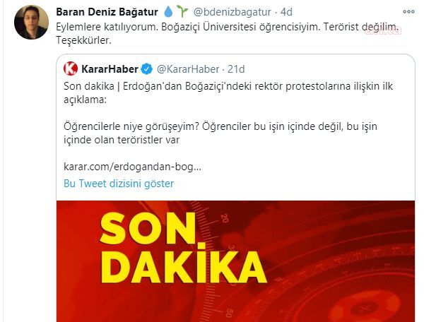 ERDOĞAN’IN ‘TERÖRİST’ AÇIKLAMASINA YANIT: ÖĞRENCİYİM, TERÖRİST DEĞİLİM, TEŞEKKÜRLER