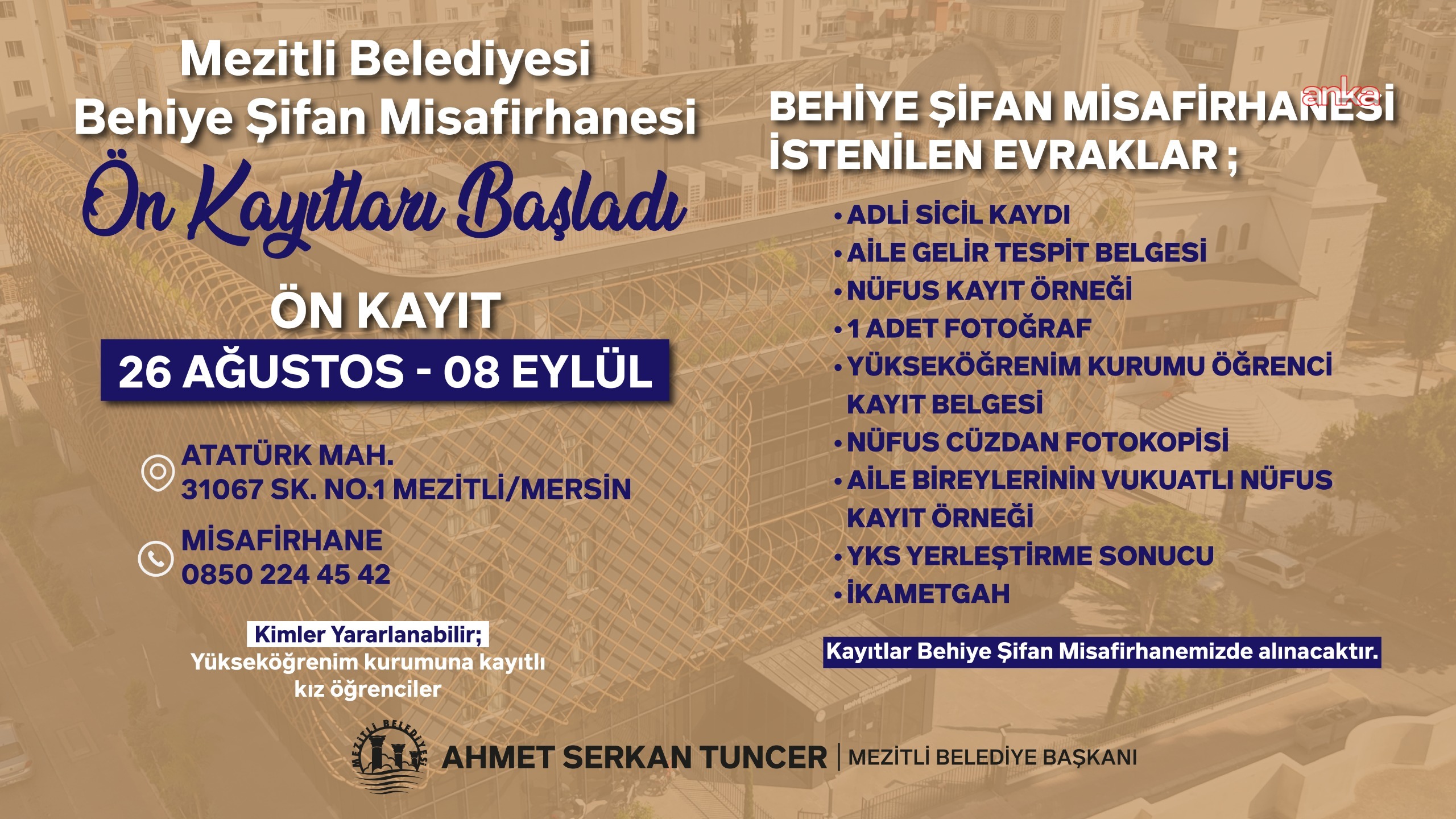 Mezitli Belediyesi Behiye Şifan Misafirhanesi’ne ön kayıtlar başladı