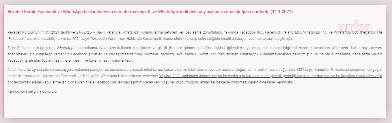 FACEBOOK VE WHATSAPP HAKKINDA SORUŞTURMA BAŞLATILDI