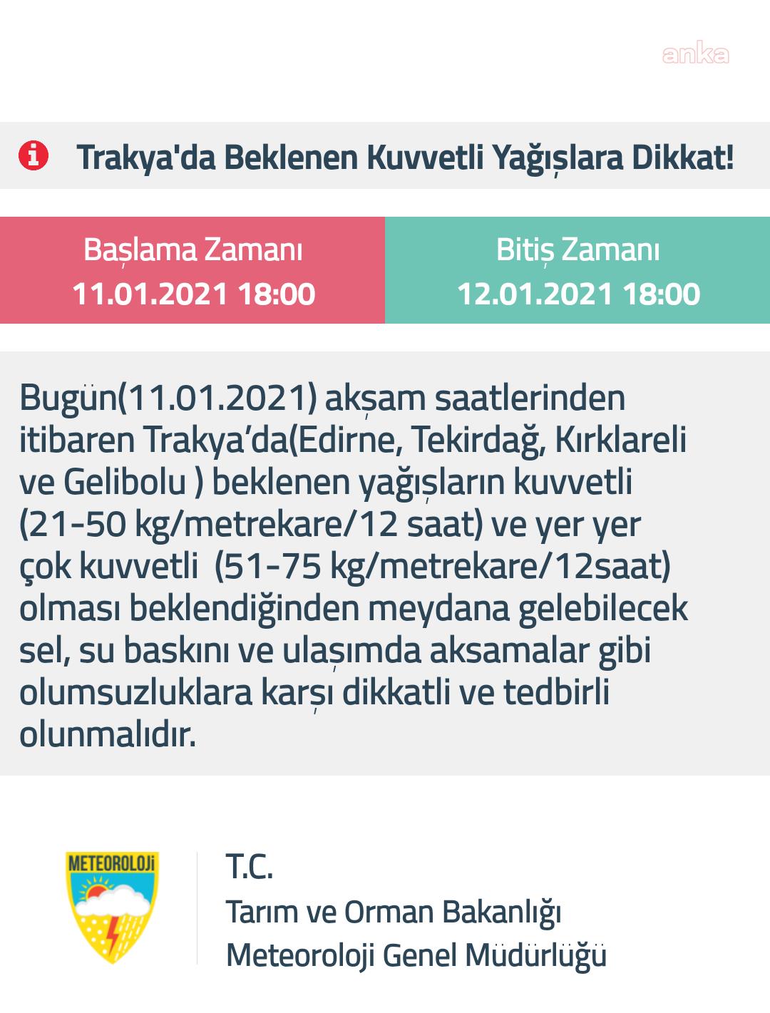 METEOROLOJİ'DEN TRAKYA İÇİN KUVVETLİ YAĞIŞ UYARISI