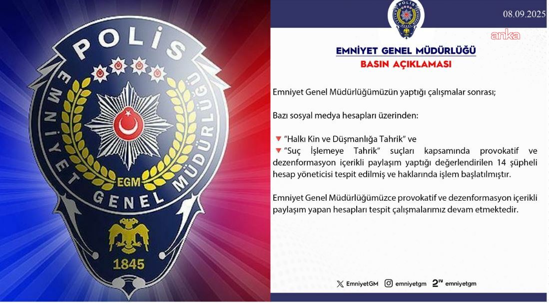 EGM'den açıklama: Provokatif paylaşım yapan 14 sosyal medya hesabı hakkında işlem başlatıldı