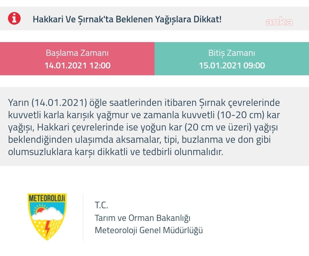 METEOROLOJİ'DEN HAKKARİ VE ŞIRNAK'A KAR UYARISI