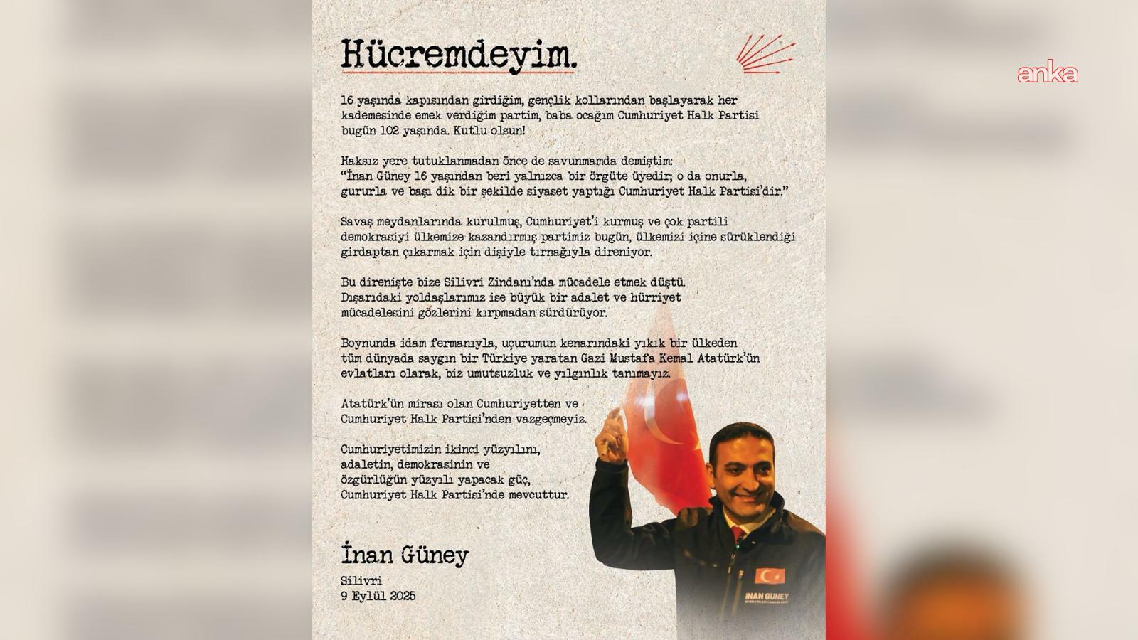 Tutuklu Beyoğlu Belediye Başkanı İnan Güney'den CHP'nin 102. kuruluş yılı mesajı