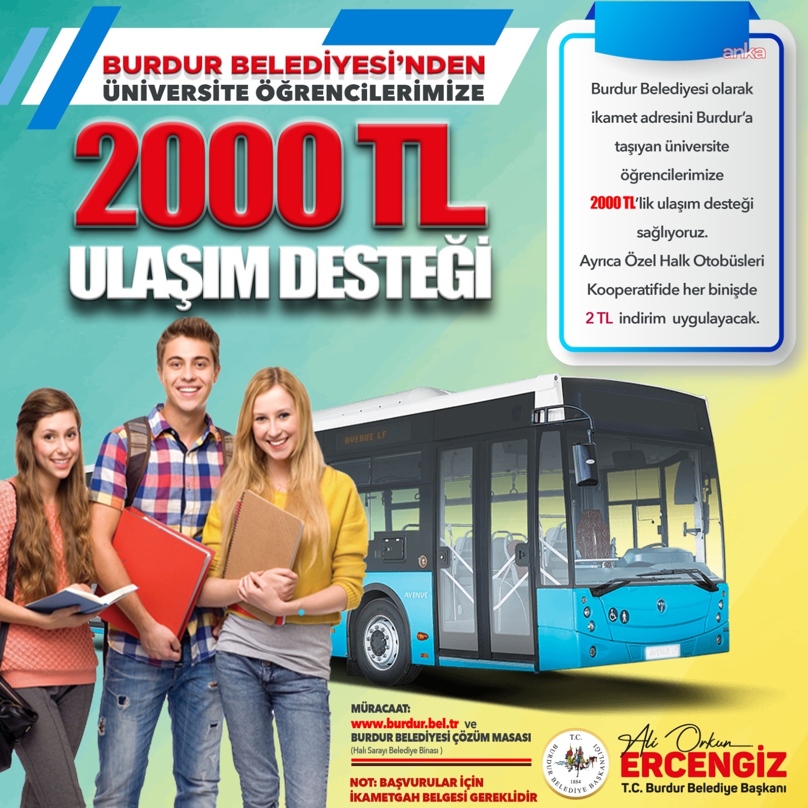 Burdur Belediyesi'nden ikametgahını kente aldıran öğrencilere ulaşım desteği