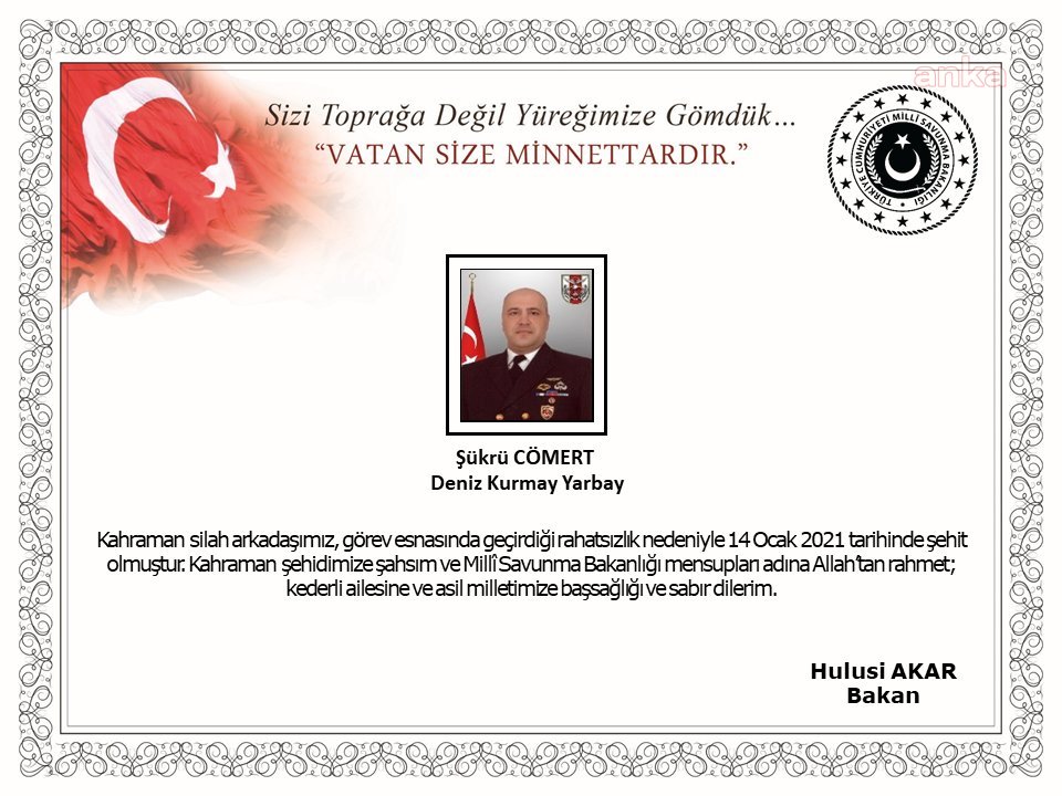 MSB: DENİZ KURMAY YARBAY ŞÜKRÜ CÖMERT ŞEHİT OLDU
