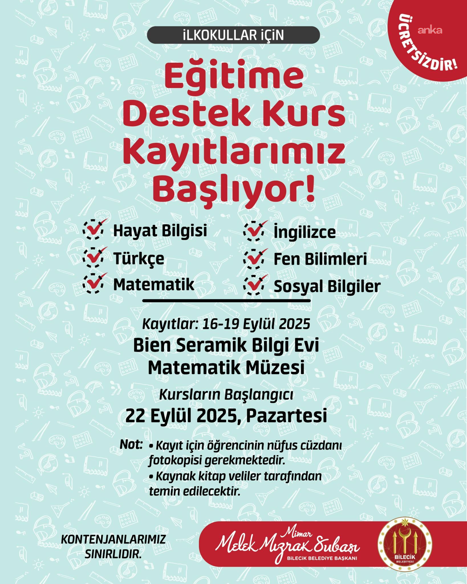 Bilecik Belediyesi'nin Eğitime Destek Kursları için kayıtlar başladı
