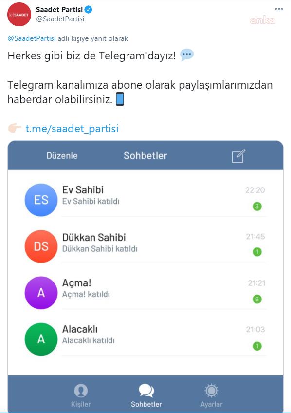 SAADET PARTİSİ'NDEN KRİZ GÖNDERMELİ MANİDAR TELEGRAM MESAJI