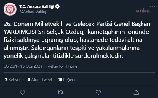 ANKARA VALİLİĞİ'NDEN SELÇUK ÖZDAĞ AÇIKLAMASI: ÇALIŞMALAR TİTİZLİKLE SÜRDÜRÜLÜYOR