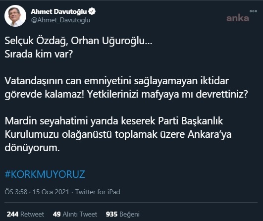 DAVUTOĞLU'NDAN SERT ÖZDAĞ TEPKİSİ: "YETKİLERİNİZİ MAFYAYA MI DEVRETTİNİZ?"