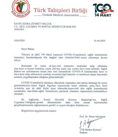 TTB: ÖZEL HASTALERİN ÜCRET ARTIŞI YAPTIĞI YÖNÜNDE YAKINMA VAR
