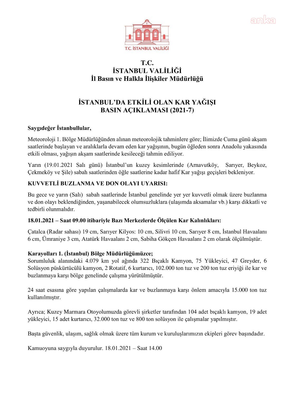 İSTANBUL VALİLİĞİ’NDEN BUZLANMA UYARISI
