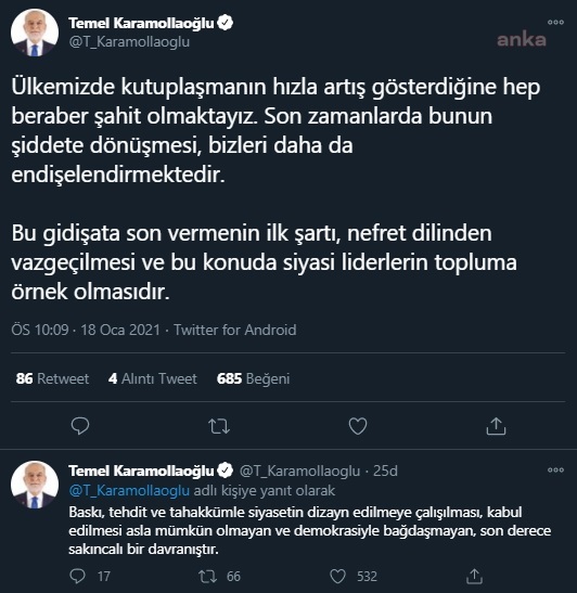 KARAMOLLAOĞLU: "NEFRET DİLİNDEN VAZGEÇİLMELİ VE SİYASİ LİDERLER TOPLUMA ÖRNEK OLMALIDIR"