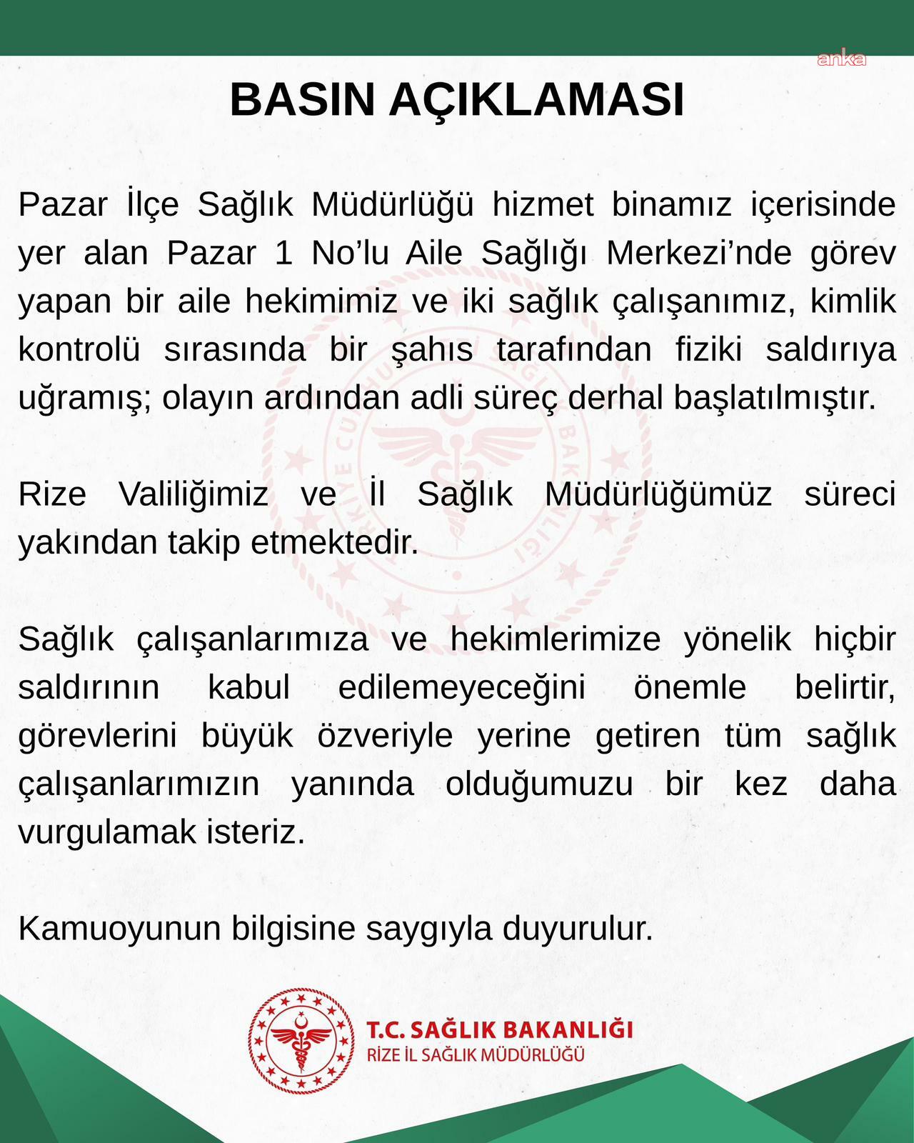 Rize'de sağlık çalışanlarına yönelik darp olayıyla ilgili adli süreç başlatıldı