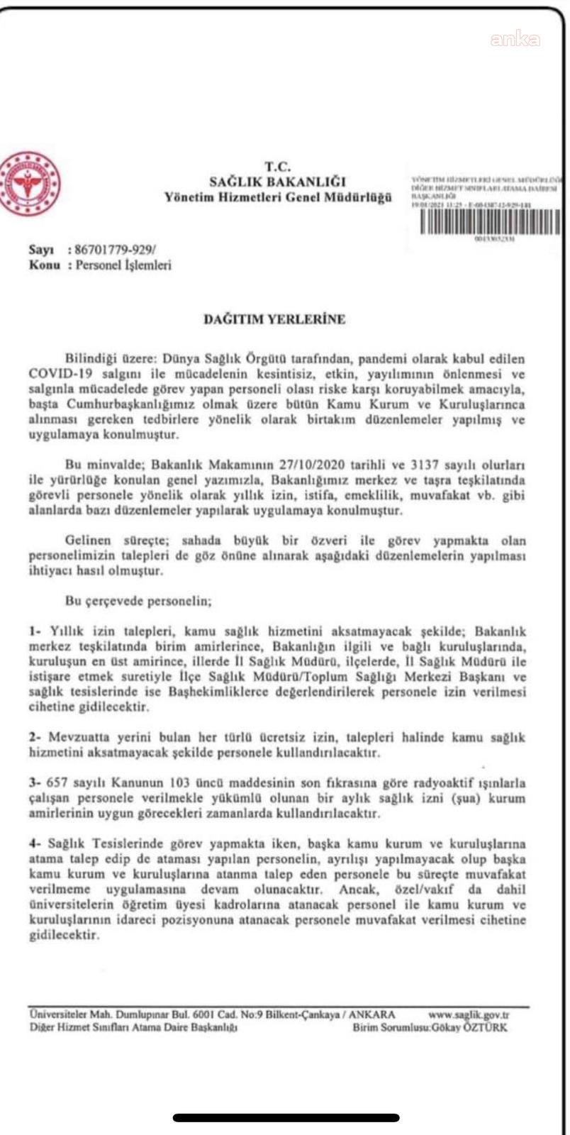 SAĞLIK BAKANLIĞI'NDA İZİN VE EMEKLİLİK YASAĞI KALDIRILDI