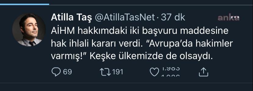 AİHM, ANKARA'NIN ATİLLA TAŞ'A 15 BİN 450 EURO ÖDEMESİNE KARAR VERDİ