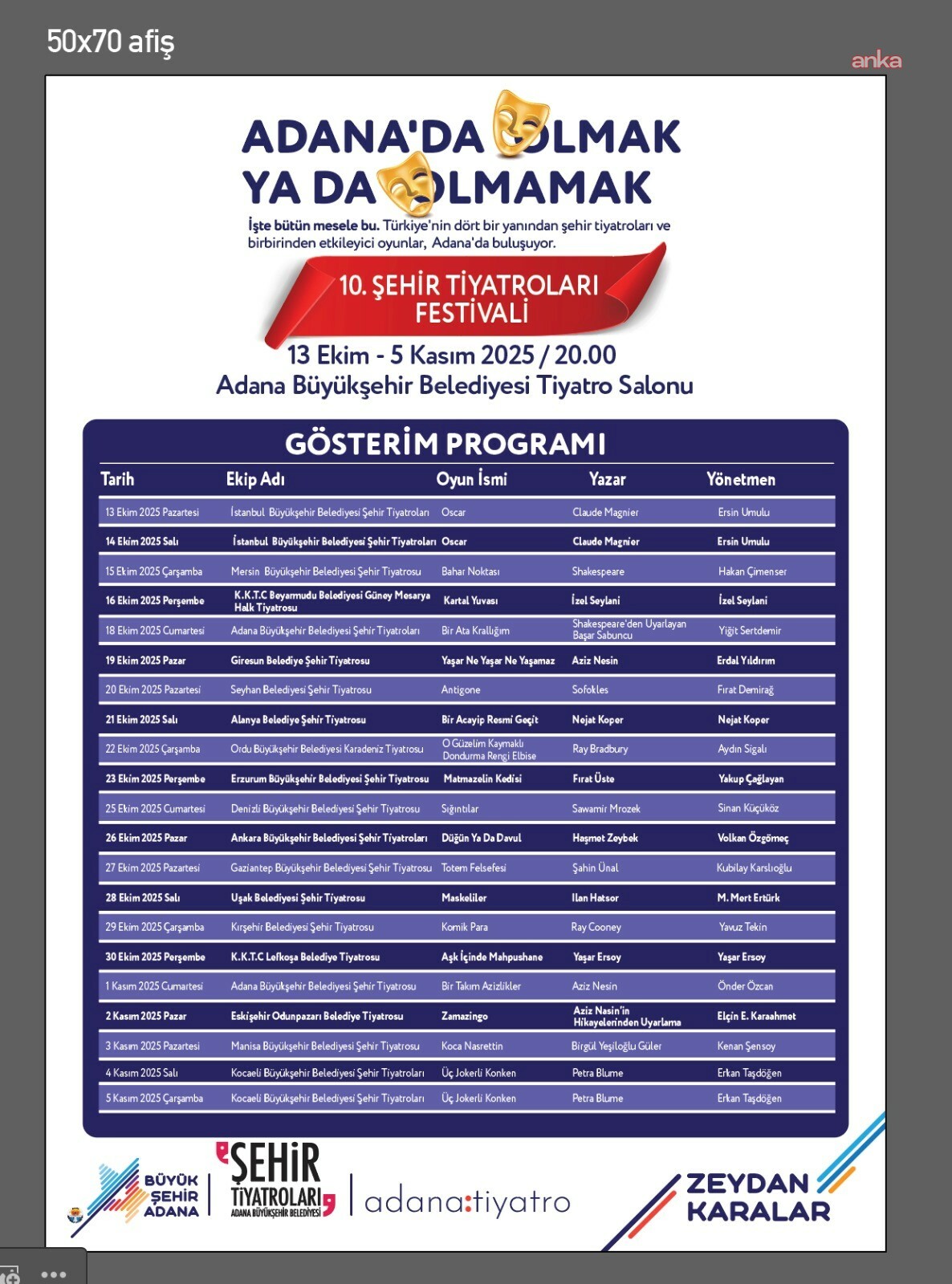 Adana Büyükşehir Belediyesi Şehir Tiyatroları'nın düzenlediği  ‘10. Şehir Tiyatroları Festivali’ başlıyor