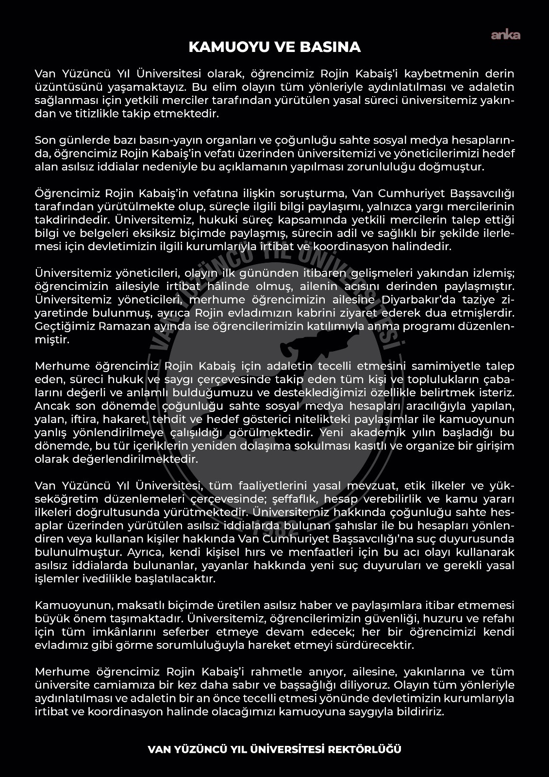 Van Yüzüncü Yıl Üniversitesi’den Rojin Kabaiş açıklaması