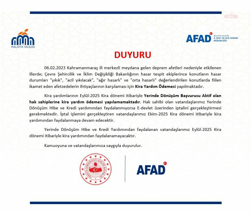 Yerinde dönüşüm başvurusu yapan depremzedelere kira yardımı ödemesi durdurulacak