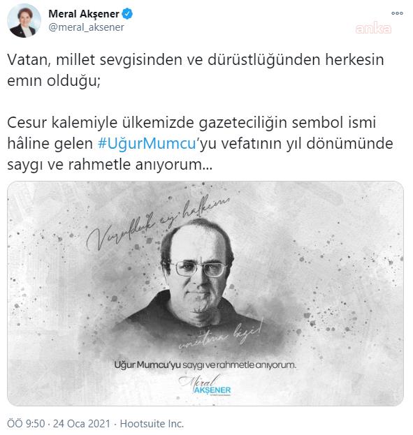 AKŞENER: "CESUR KALEMİYLE ÜLKEMİZDE GAZETECİLİĞİN SEMBOL İSMİ HALİNE GELEN UĞUR MUMCU'YU SAYGI VE RAHMETLE ANIYORUM"
