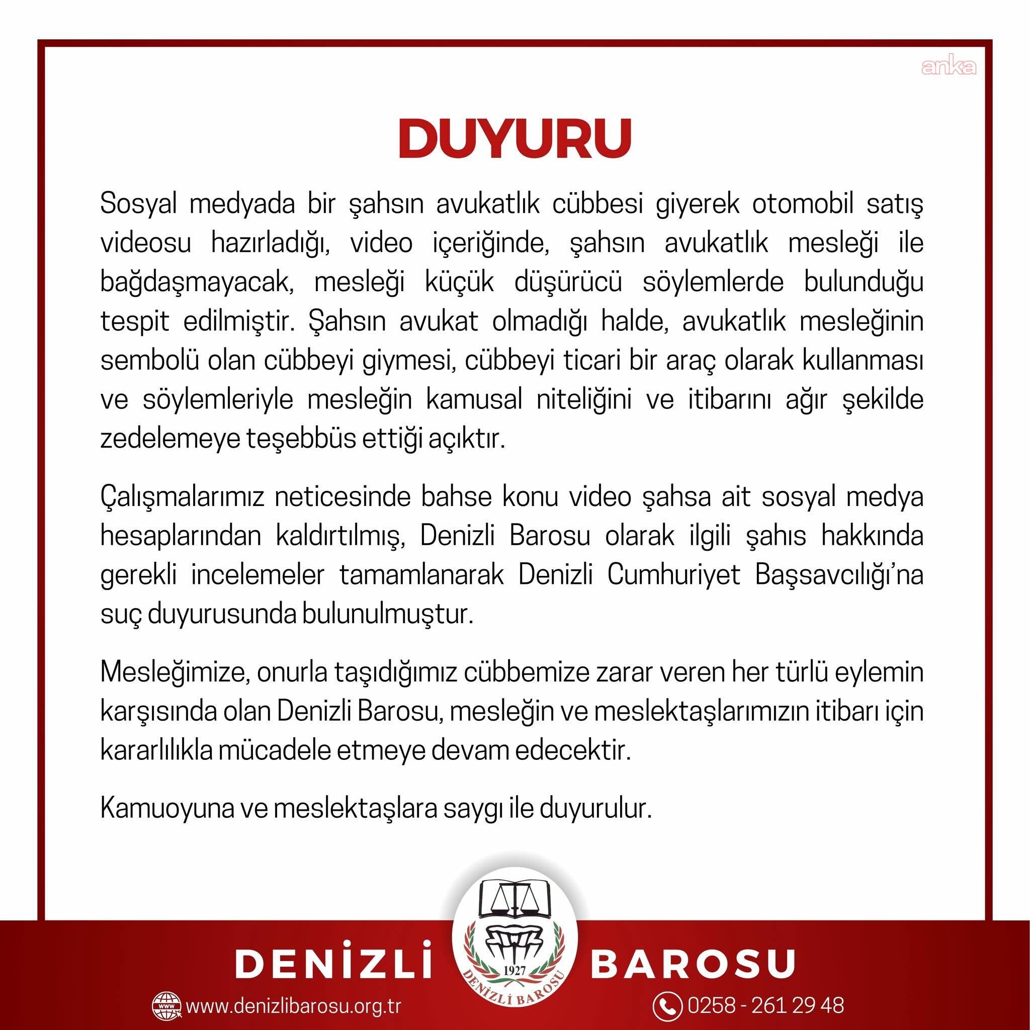 Denizli Barosu’ndan avukat cübbesiyle araç satış videosuna suç duyurusu
