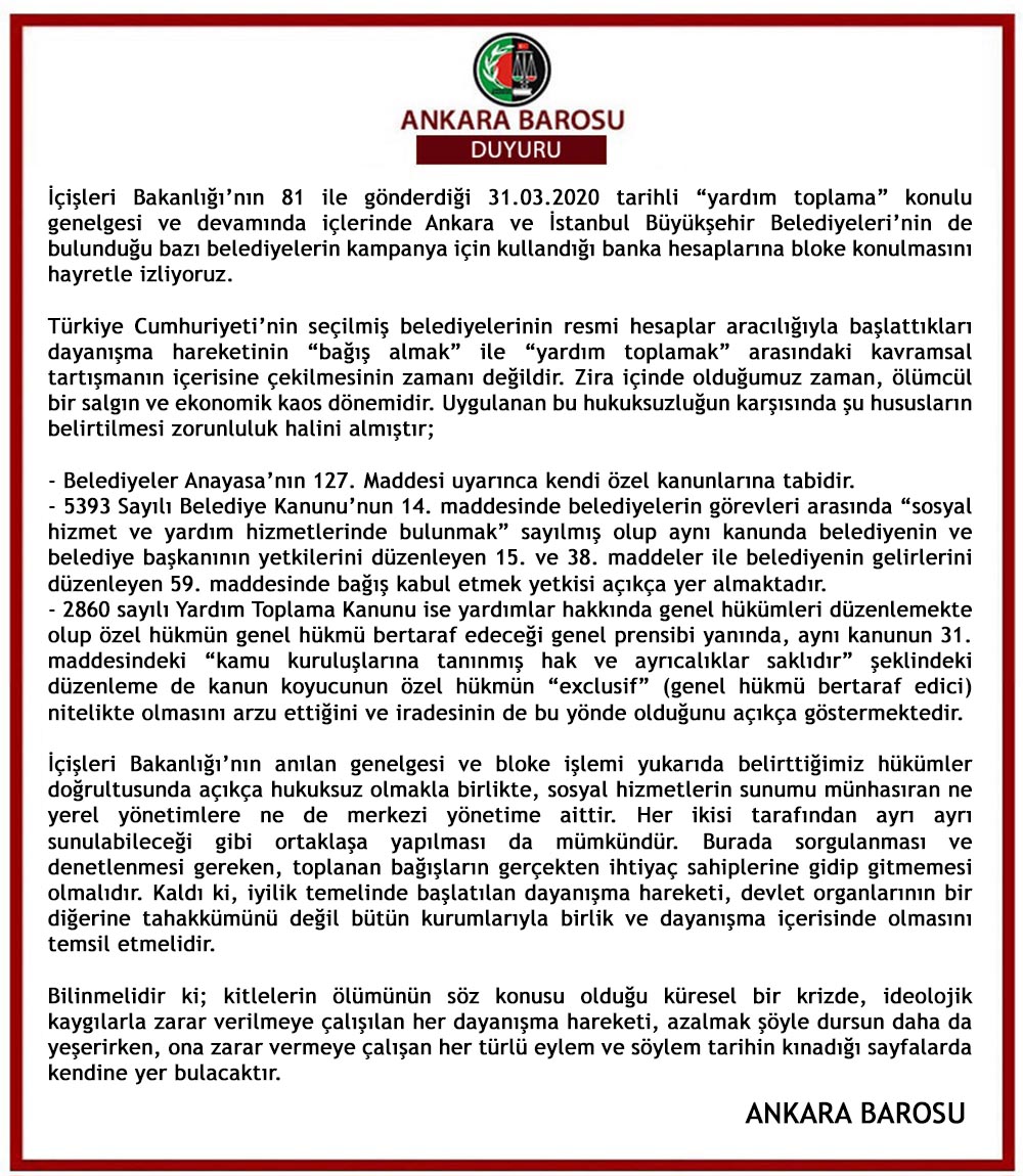 ANKARA BAROSU: İÇİŞLERİ BAKANLIĞI'NIN GENELGESİ HUKUKSUZ
