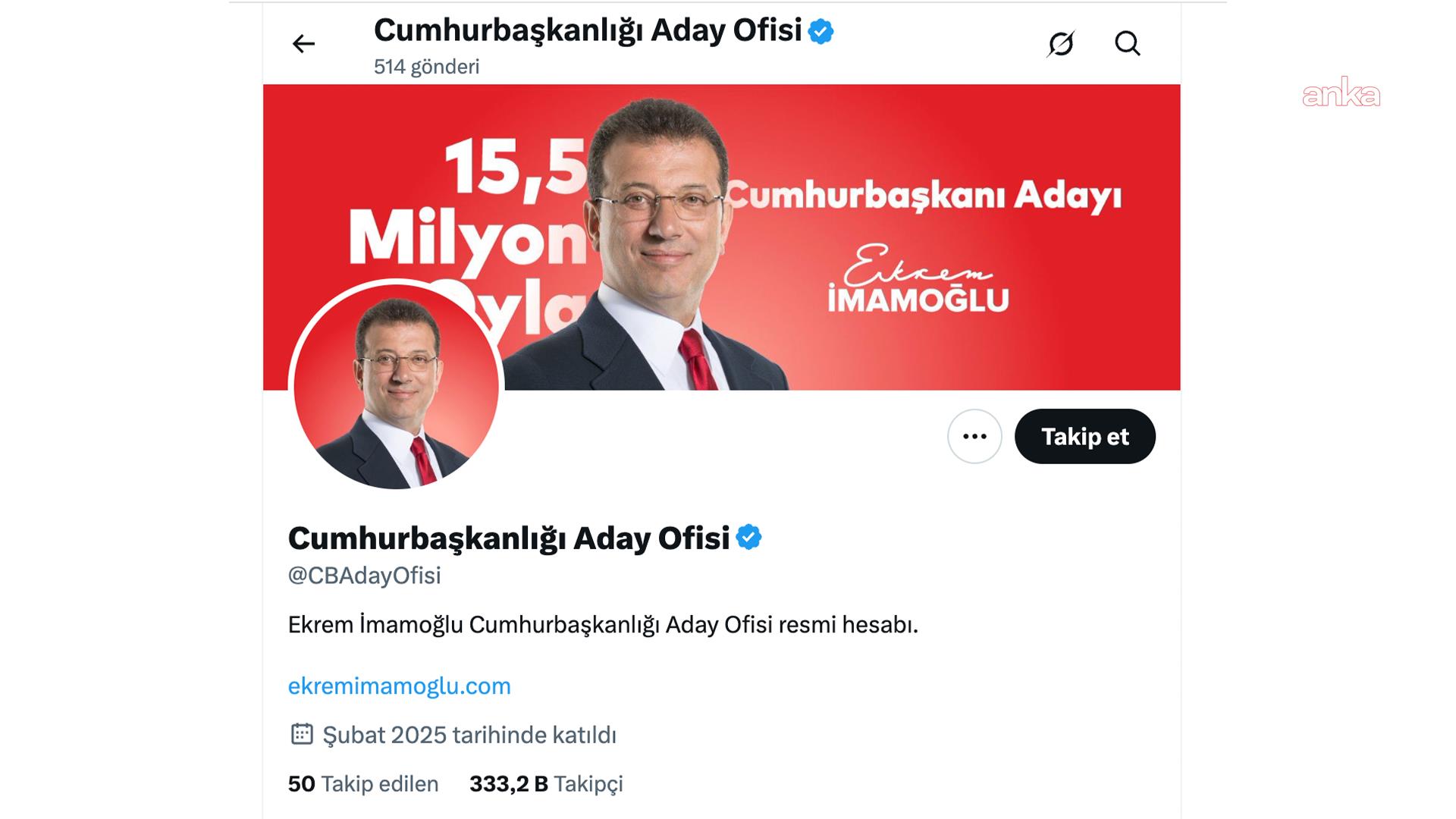 Ekrem İmamoğlu'nun "Cumhurbaşkanlığı Aday Ofisi" hesabına erişim engeli getirildi