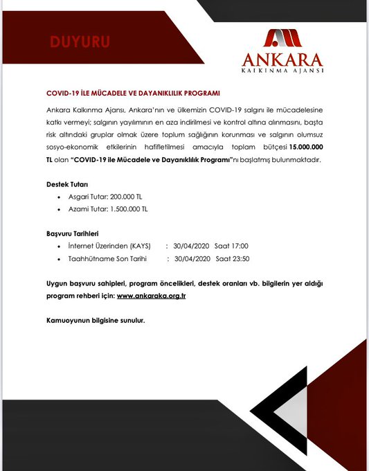 ANKARA KALKINMA AJANSI’NDAN 15 MİLYON LİRALIK KORONA PROGRAMI