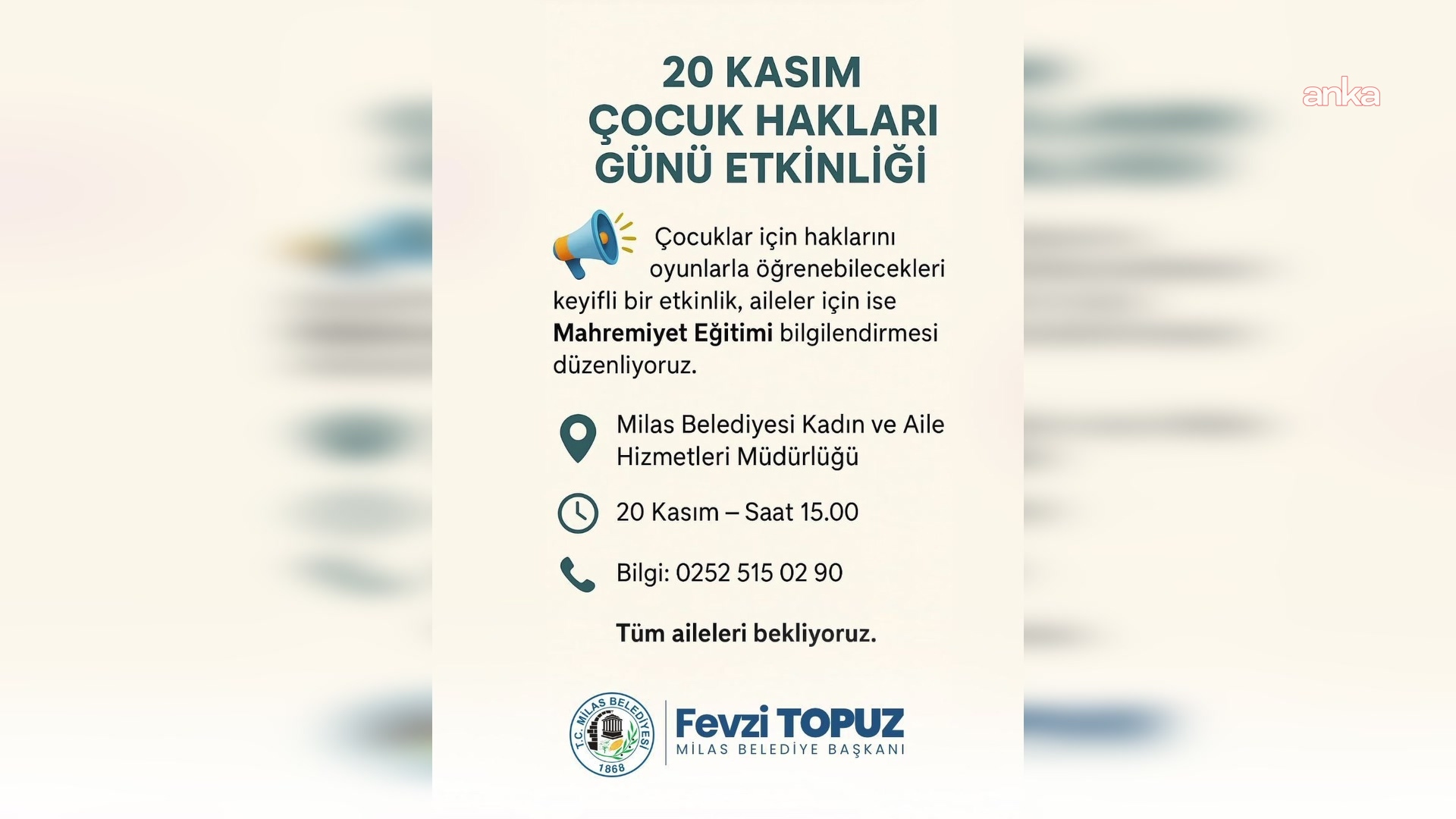 Milas Belediyesi'nden 20 Kasım Çocuk Hakları Günü'ne özel etkinlik programı