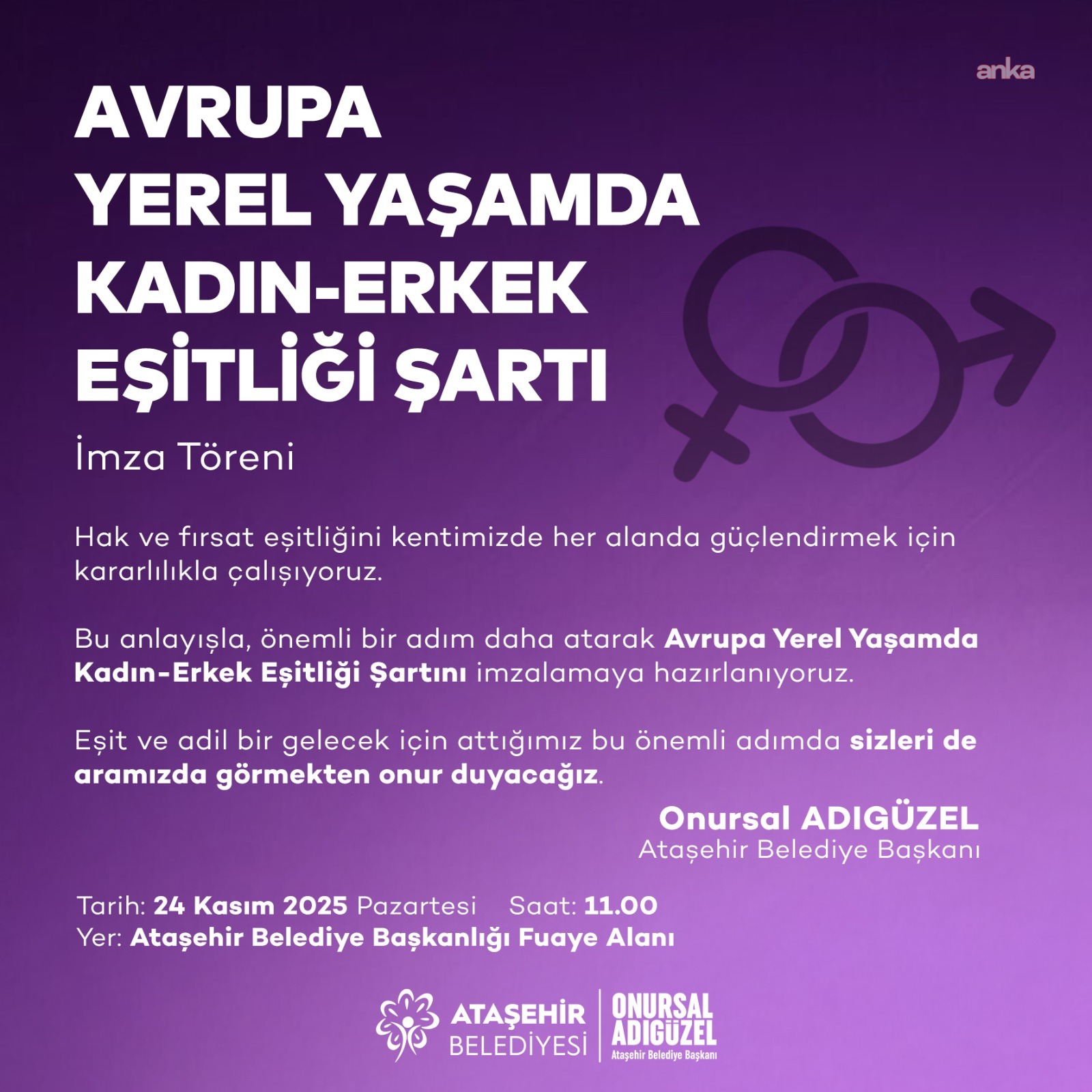 Ataşehir Belediyesi, “Avrupa Yerel Yaşamda Kadın-Erkek Eşitliği Şartı”nı imzalamaya hazırlanıyor