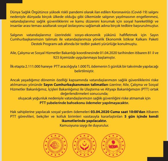 PTT ÖNÜNDEKİ YIĞILMALARA ÖNLEM! SOSYAL YARDIMLARI PTT ÇALIŞANLARI GETİRECEK