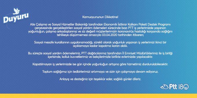 PTT YOĞUNLUK OLAN ŞUBELERİ KAPATTI