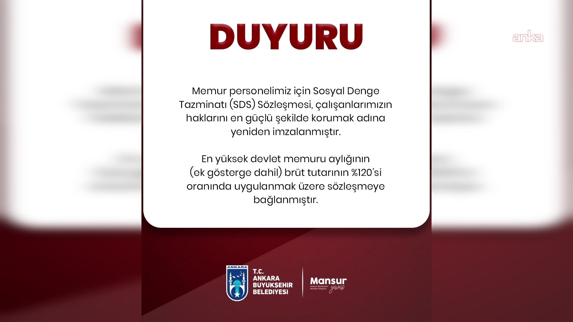 Ankara Büyükşehir Belediyesi'nde memurlar için "Sosyal Denge Tazminatı" sözleşmesi imzalandı