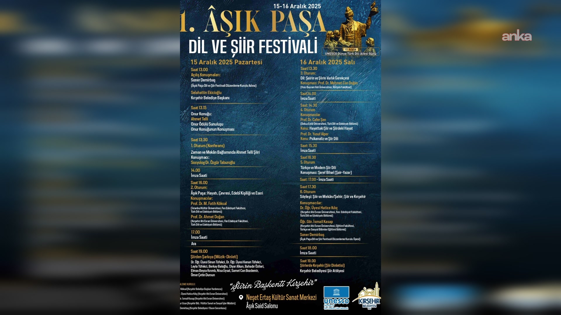 “Aşık Paşa Dil ve Şiir Festivali", 15 Aralık Dünya Türk Dili Ailesi Günü’nde Kırşehir’de başlıyor