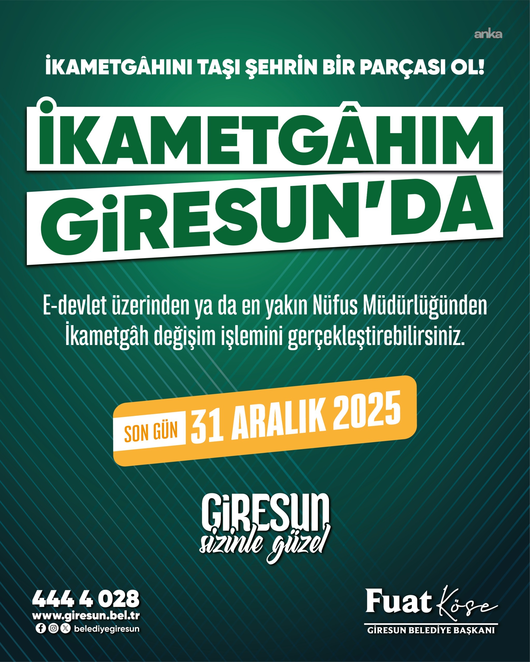 Giresun Belediyesi Başkanı Köse'den ikametgah çağrısı: "Hemşehrilerimi ikametgâh güncelleme işlemlerini tamamlamaya davet ediyorum"