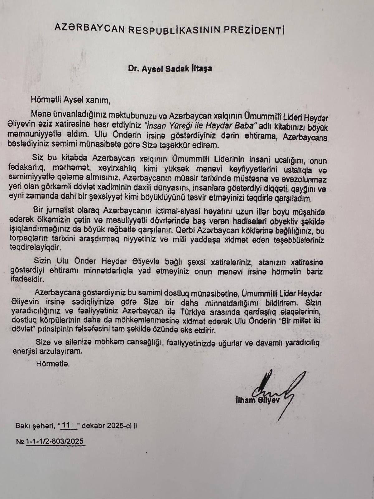 Gazeteci İltaş’a "İnsan Yüreği - Haydar Baba” kitabı dolayısıyla Azerbaycan Cumhurbaşkanı Aliyev’den teşekkür