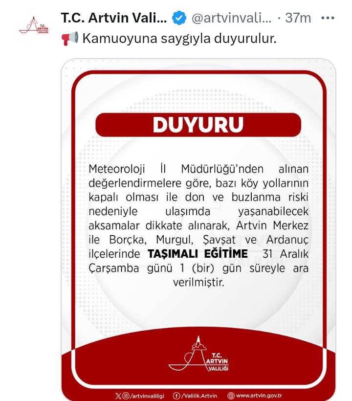 Artvin’de Olumsuz Hava Koşulları Nedeniyle Taşımalı Eğitime 1 Gün Ara