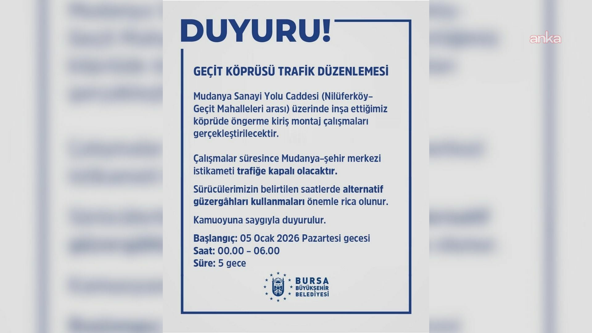 Bursa'da Geçit Köprüsü'nde trafik düzenlemesi
