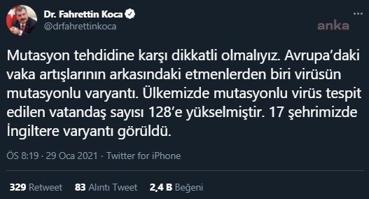 BAKAN KOCA: "17 İLDE 128 KİŞİDE MUTASYONLU VİRÜS TESPİT EDİLDİ"