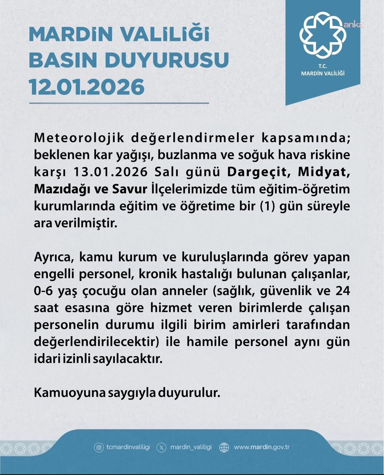 Mardin Valiliği duyurdu: 4 ilçede eğitime 1 gün ara