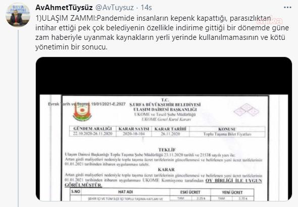 AKP’Lİ ŞANLIURFA BÜYÜKŞEHİR BELEDİYESİ TOPLU ULAŞIMA YÜZDE 20 ZAM YAPTI