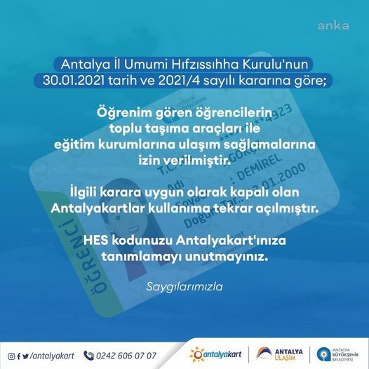 ANTALYA’DA ÖĞRENCİ VE KURSİYERLERİN TOPLU ULAŞIMDAN FAYDALANABİLMEK İÇİN ANTALYAKART’LARINI HES KODU İLE EŞLEŞTİRMESİ GEREKİYOR