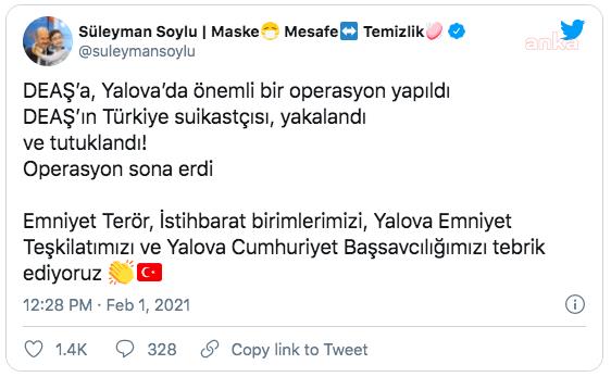 BAKAN SOYLU: DEAŞ’IN TÜRKİYE SUİKASTÇISI YALOVA'DA YAKALANDI