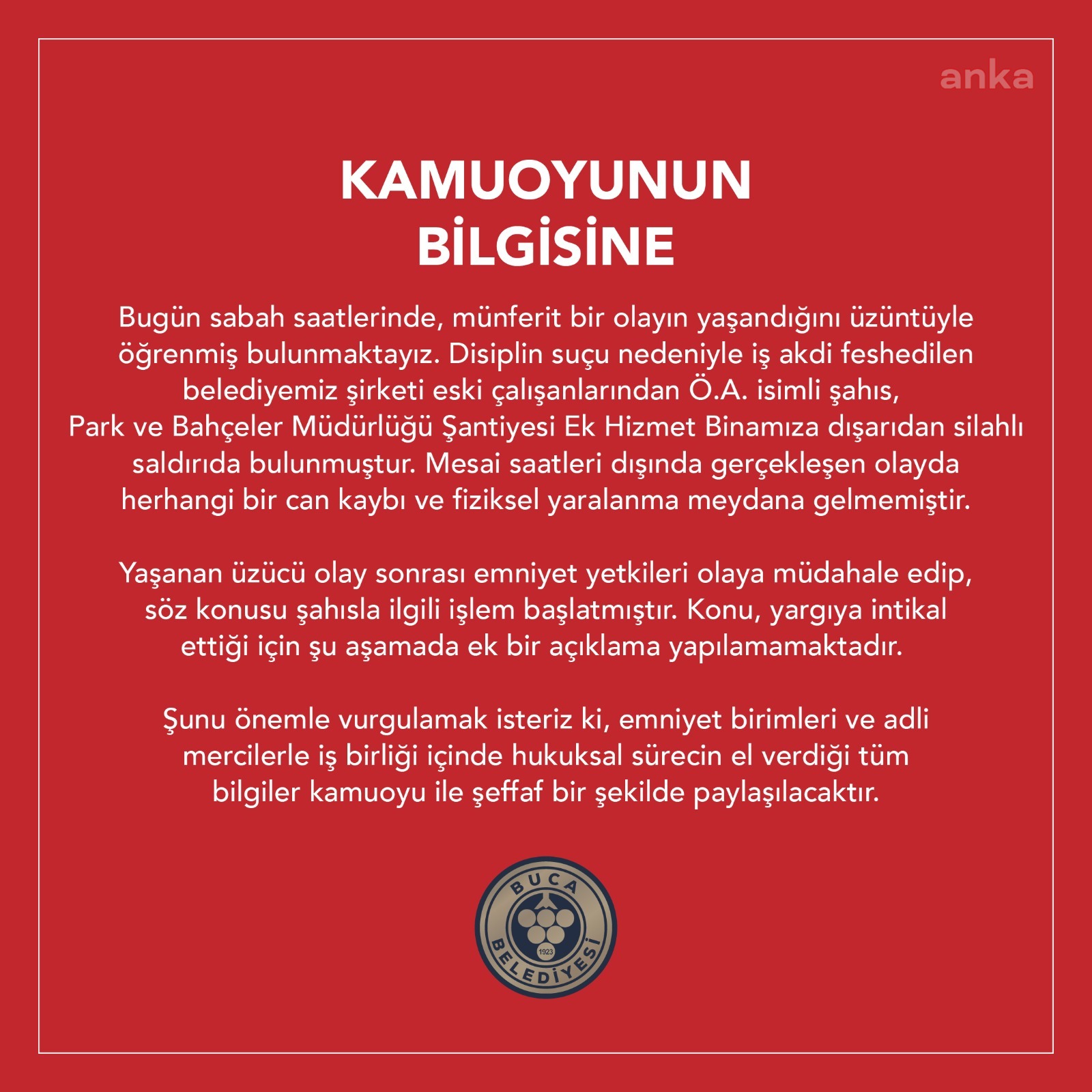 BUCA BELEDİYESİ'NDEN BİNASINI HEDEF ALAN SALDIRIYA İLİŞKİN AÇIKLAMA